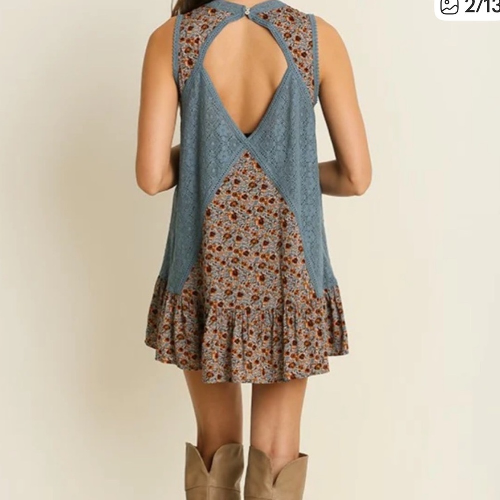 Umgee Boho Blue and Floral Sleeveless Dress, M - Picture 3 of 7